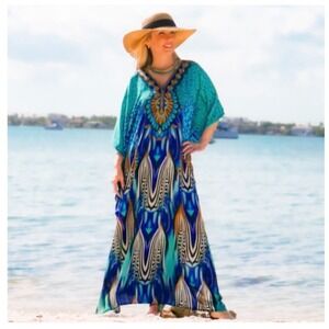 Midnight Velvet Maxi Kaftan Dress in Falling Feathers Blue Multi One Size